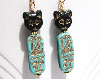 Egyptian Revival-Inspired Turquoise and Emerald Glass Goddess Bastet Earrings