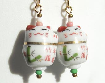 Maneki Neko Bamboo Prosperity Cat Japanese Lucky Cat Earrings
