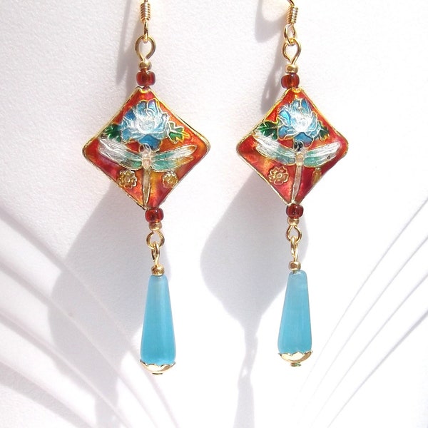 Dragonfly Cloisonne Bead and Blue Catseye Earrings