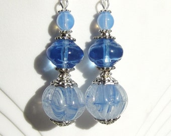 Vintage German Glass Blue Bead Dangle Earrings