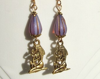 Egyptian Revival Lotus Lady Antique Gold and Lilac Dangle Earrings