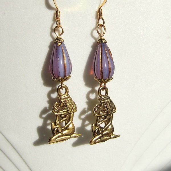 Egyptian Revival Lotus Lady Antique Gold and Lilac Dangle Earrings