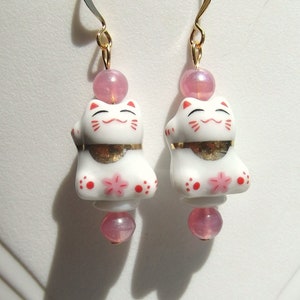 Maneki Neko Pink Opal and White Japanese Lucky Cat Earrings