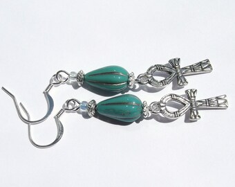 Turquoise and Silver Ankh Egyptian Revival Ankh Earrings