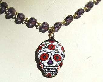 Calavera Enamel Sugar Skull Pendant Necklace