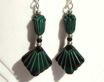Black Malachite Glass Art Deco Style Dangle Earrings