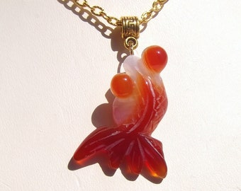 Hand Carved White and Orange Agate Goldfish Pendant Necklace