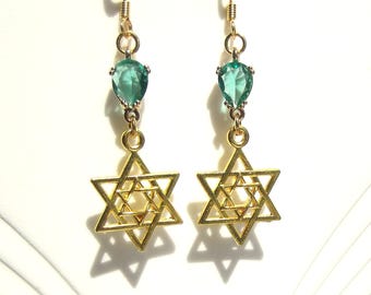Gold Star of David Turquoise Blue Earrings