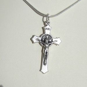 St. Benedict Crucifix Silver Snake Chain Necklace