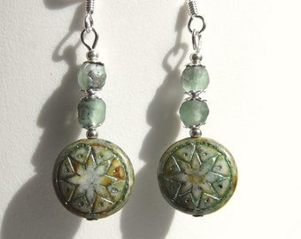 Star of Ishtar Mint Green Glass Bead Silver Earrings
