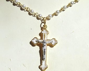 Gold and White Enamel Two Tone Crucifix Necklace