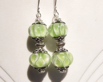 Pale Green Lampwork Bead Dangle Earrings