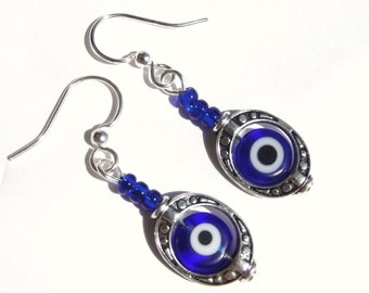 Sapphire Blue Glass Evil Eye Bead Earrings