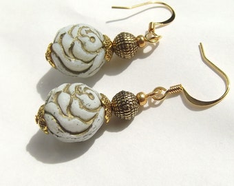 Gold and White Cabbage Rose Shabby Chic Earrings
