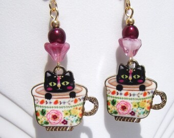 Black Kitten in Floral Teacup Earrings