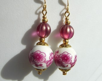 Rose Glass and Porcelain Plum Blossom Earrings