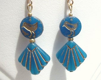 Egyptian Revival-Inspired Turquoise Glass Bird Hieroglyph Earrings