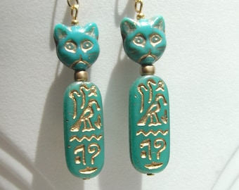 Egyptian Revival-Inspired Turquoise Glass Goddess Bastet Earrings