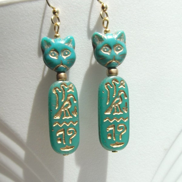 Egyptian Revival-Inspired Turquoise Glass Goddess Bastet Earrings