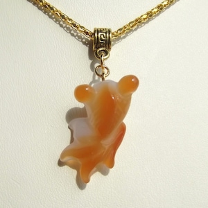 Hand Carved Orange Agate Goldfish Pendant Necklace