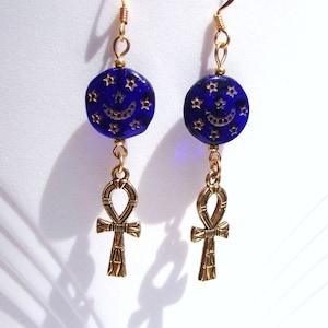 Ankh Cobalt Blue Star Charm Egyptian Revival Ankh Earrings