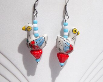 Lucky Duck Folk Art Porcelain Bead Earrings