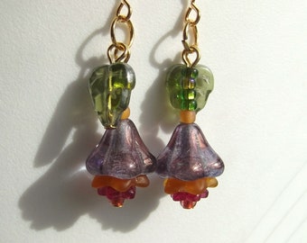 Plum Purple, Gold, Fuchsia, and Green Glass Flower Earrings