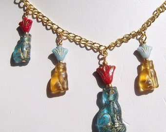 Egyptian Revival Blue Aqua Cat and Flower Charm Necklace