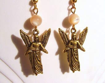 Archangel Uriel Mother of Pearl Gold Dangle Earrings