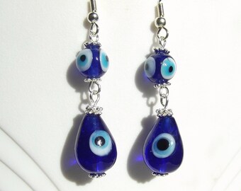 Royal Blue Evil Eye Dangle Earrings