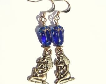 Egyptian Revival Lotus Lady Antique Gold and Blue Dangle Earrings