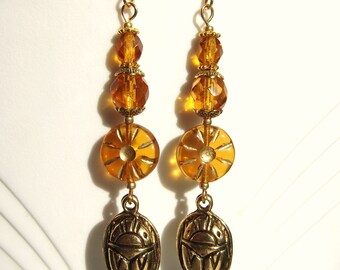 Egyptian Revival Gold Scarab Aten Disc Dangle Earrings