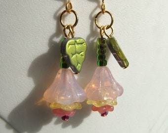 Pink Opal, Pale Yellow, Rose, and Green Glass Flower Earrings