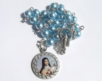 Handmade Saint Thérèse Chaplet: Blue Glass Pearl Beads, Miraculous Medal