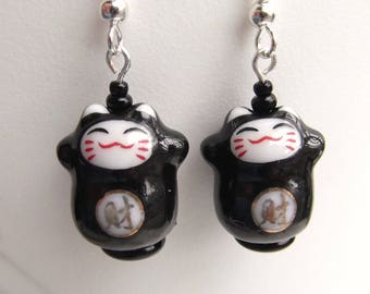 Maneki Neko Japanese Lucky Black Cat Fortune Earrings