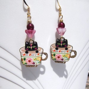 Black Kitten in Floral Teacup Earrings