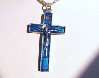 Saint Francis Blue Enamel Crucifix Silver Necklace
