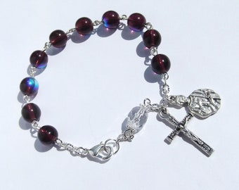 Saint Joseph Rosary Bracelet Purple and Crystal Glass Beads