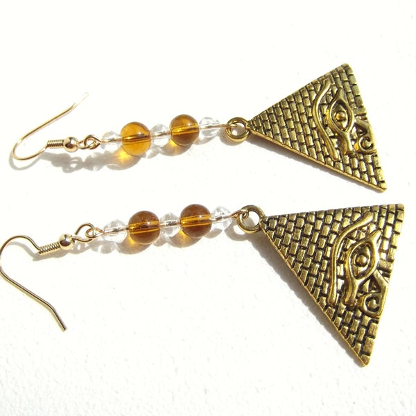 Egyptian Revival Gold Eye of Horus Pyramid Dangle Earrings