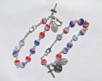Saint Michael Rosary Bracelet Red White Blue Glass Beads