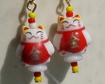 Maneki Neko Petite Red and Yellow Japanese Lucky Cat Earrings
