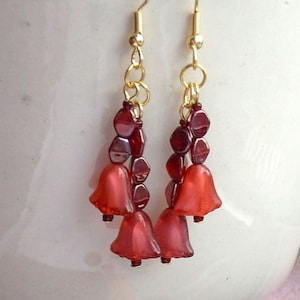 Dark Red Lily and Garnet Glass Double Drop Gold Earrings