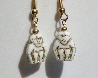 White Baboon Thoth Egyptian Revival Glass Earrings