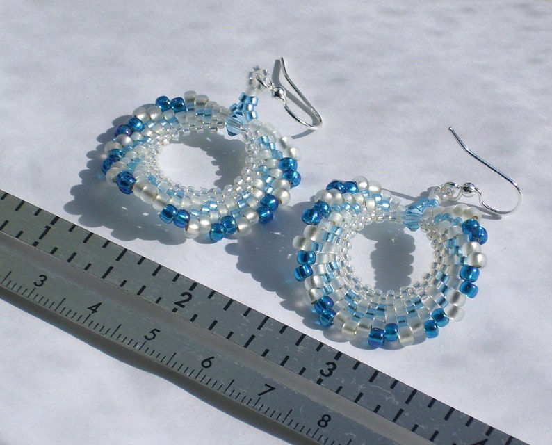 White and Teal Blue Peyote Stitch Bead Earrings