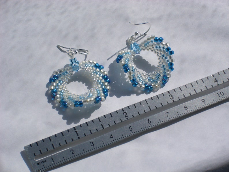 White and Teal Blue Peyote Stitch Bead Earrings