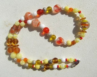 Orange Yellow White Glass Bead 18 Inch Necklace