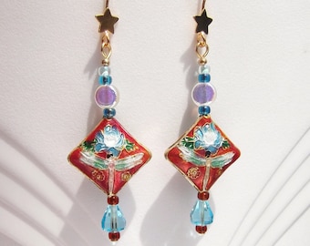 Dragonfly Cloisonne Bead with Multi Glass Bead Earrings