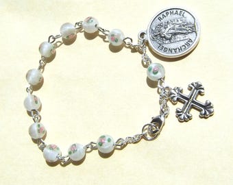 Saint Raphael Rosary Bracelet White Glass Rose Beads