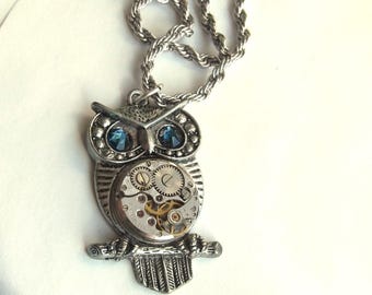 Steampunk Goddess Athena Owl Sapphire Blue Crystal Eye Necklace Vintage Watch Movement