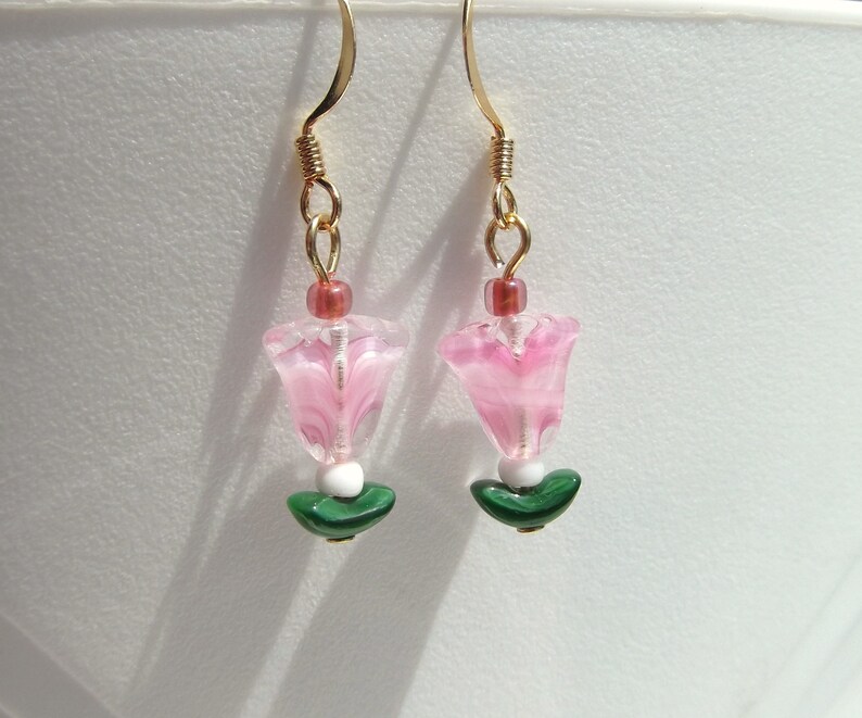 Pink Lily or Tulip Glass Bead Earrings